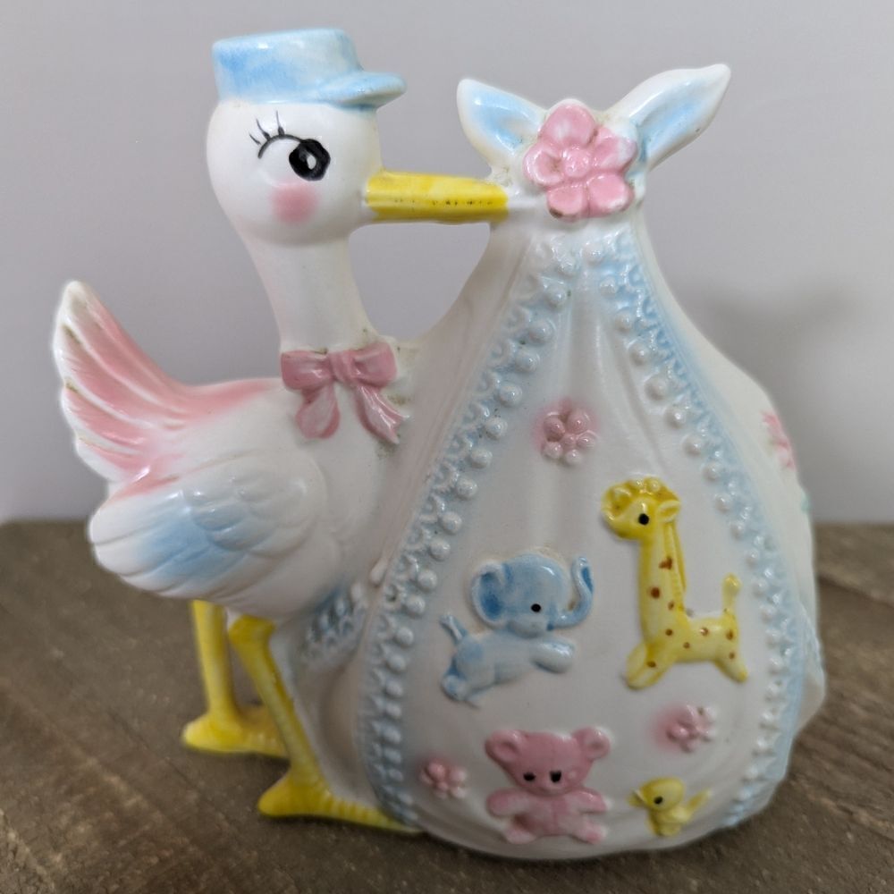 Rubens originals planter, Baby delivery stork ceramic planter, kitsch vintage MC